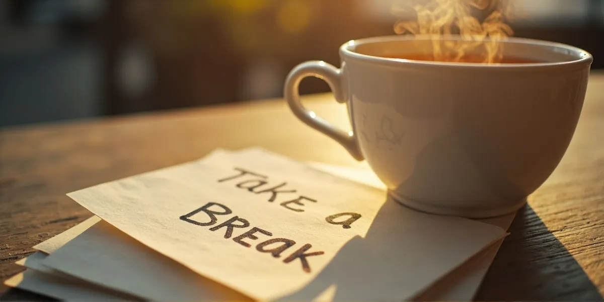 A handwritten note reading 'Take a Break' beside a steaming cup of tea on a wooden desk.